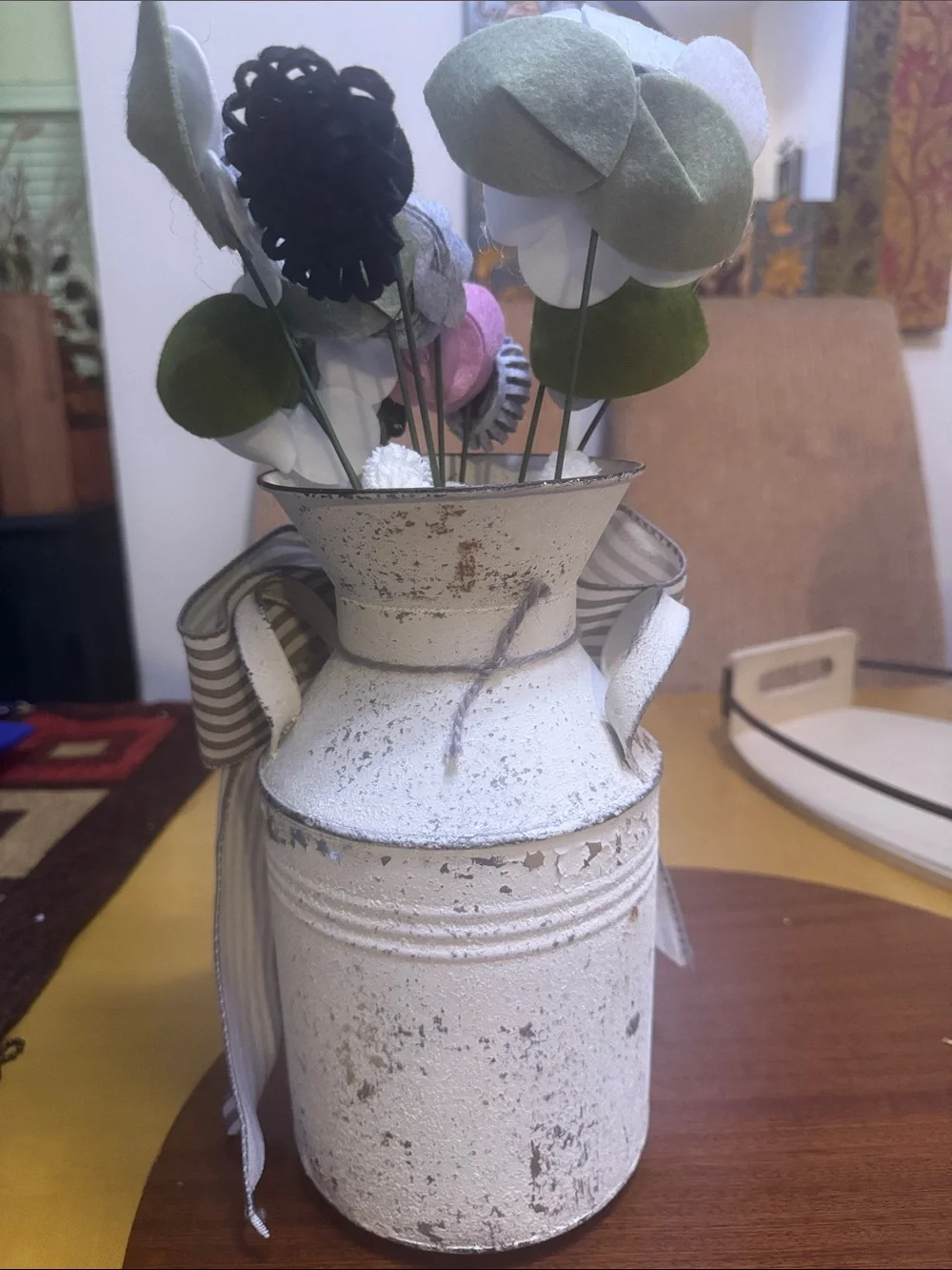 Home Sweet Home farmhouse jug with Pink & White Felt Flowers